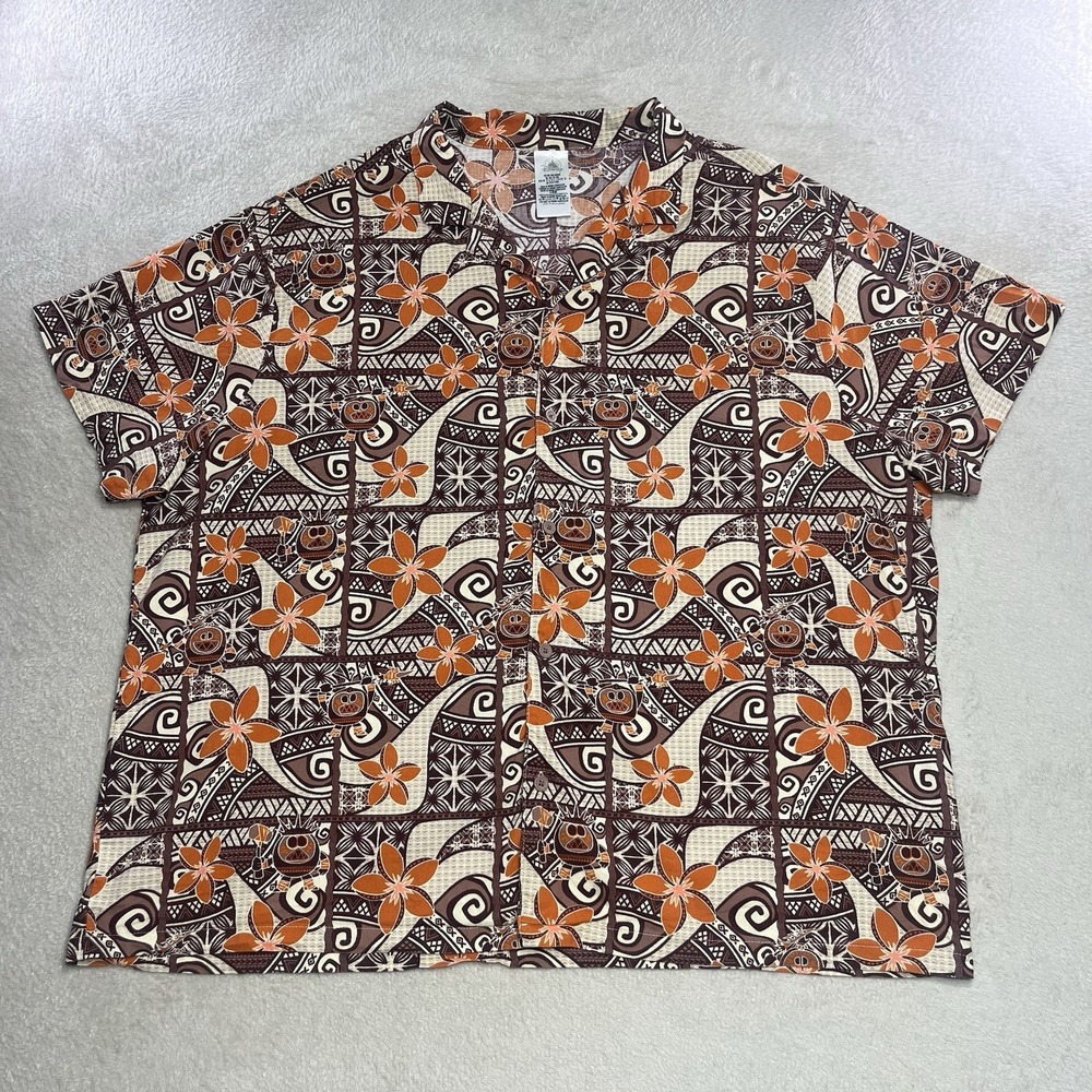 Disney Store Moana Kakamora Aloha Hawaiian Shirt XXL Brown Orange Tribal Floral